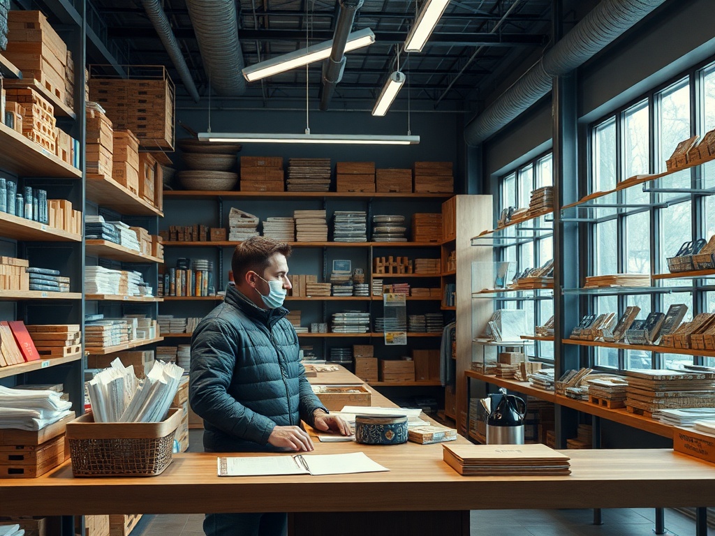 На изображении мужчина в маске стоит за деревянным столом в магазине с полками, заполненными товарами.