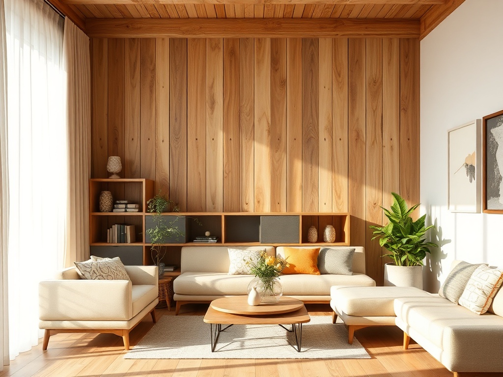 Светлая уютная гостиная с деревянной стеной, мягкой мебелью и зелеными растениями на столе и подоконнике.