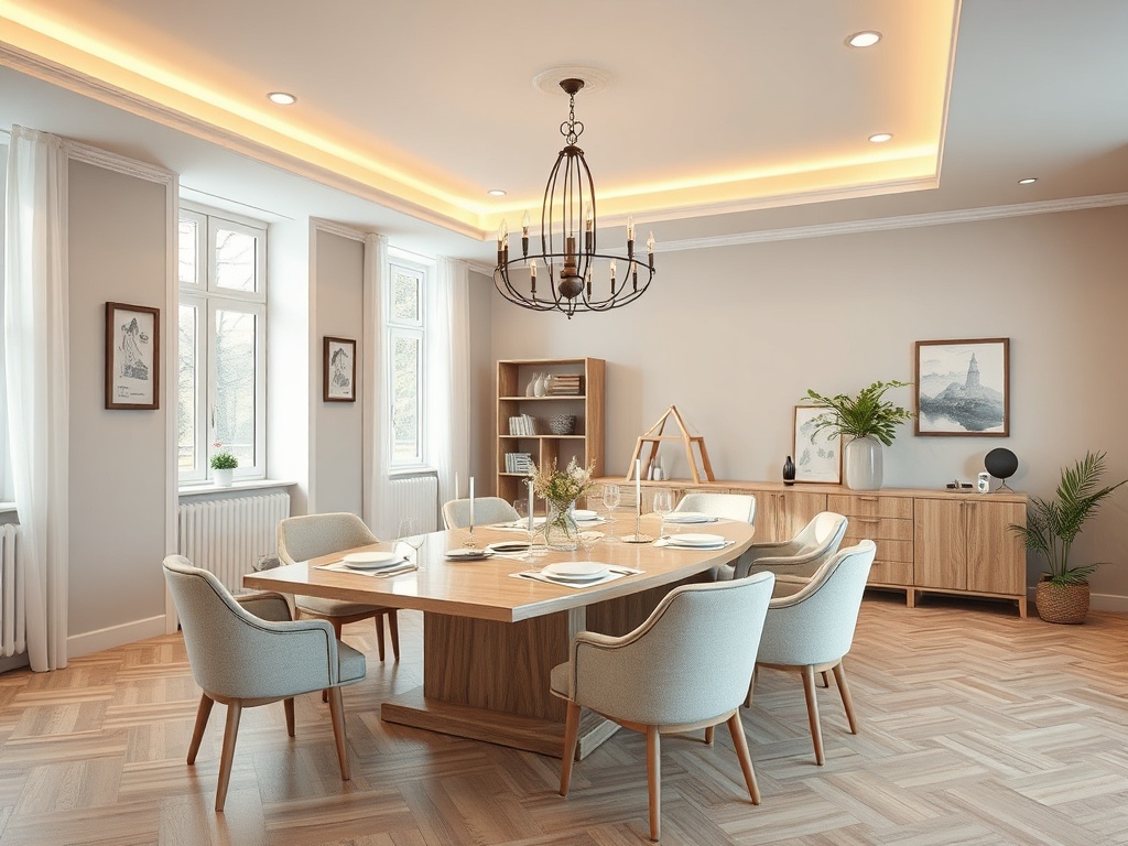 Современный обеденный зал с деревянным столом, стульями и оформлением в светлых тонах.