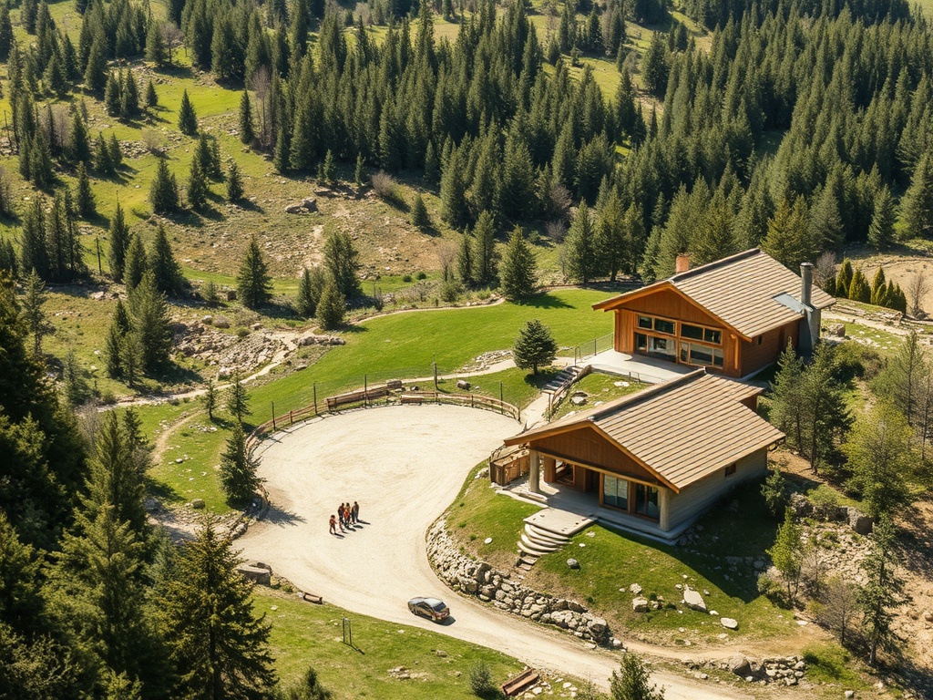 Два деревянных дома на лужайке среди зелёных холмов и деревьев, группа людей прогуливается по дороге.