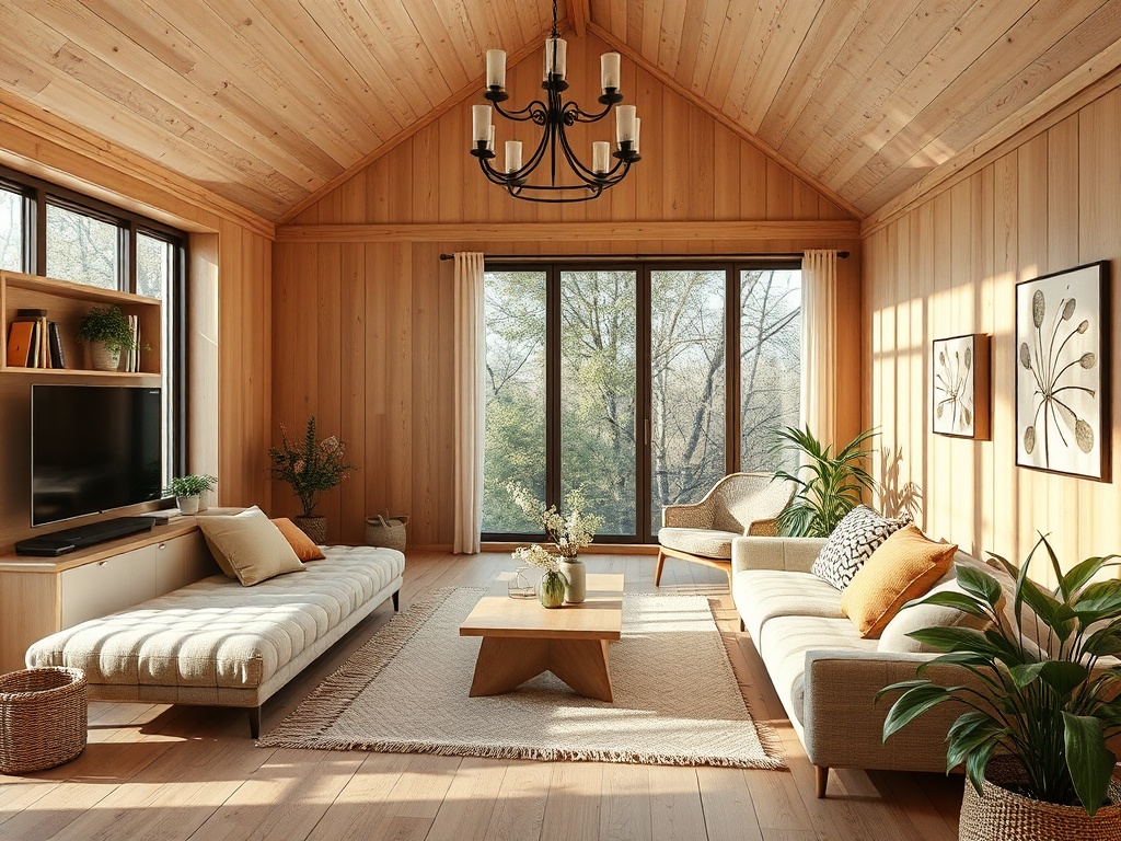 Современный уютный интерьер гостиной с деревянными стенами, большими окнами и комфортной мебелью.