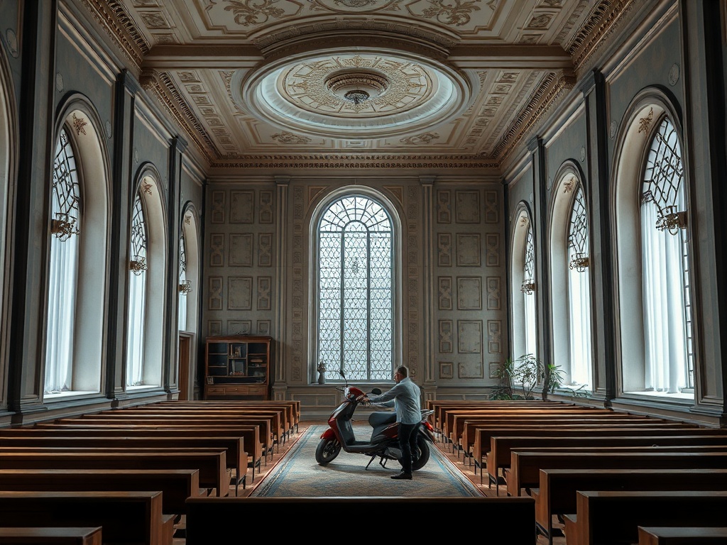 В помещении с высокими окнами и скамьями человек стоит рядом с мотороллером на ковре.