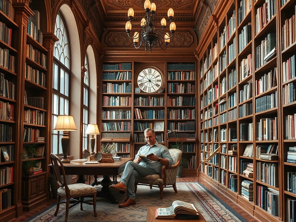 Мужчина читает книгу в уютной библиотеке, окружённой полками с книгами и красивым интерьером.