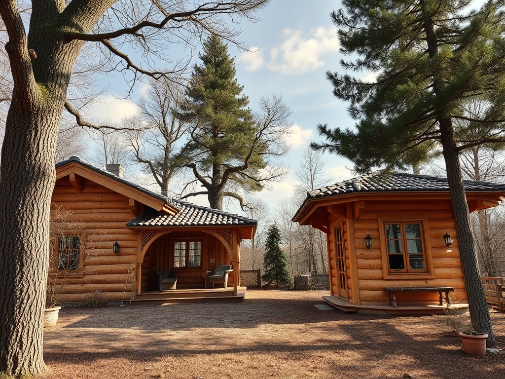Два деревянных дома в picturesque ландшафте с деревьями и неба в облаках. Тихая и спокойная обстановка.