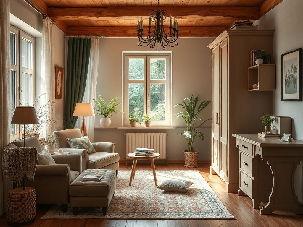 Уютная гостиная с растениями, мягкой мебелью и деревянными потолками, светлеющаяся от солнечного света.