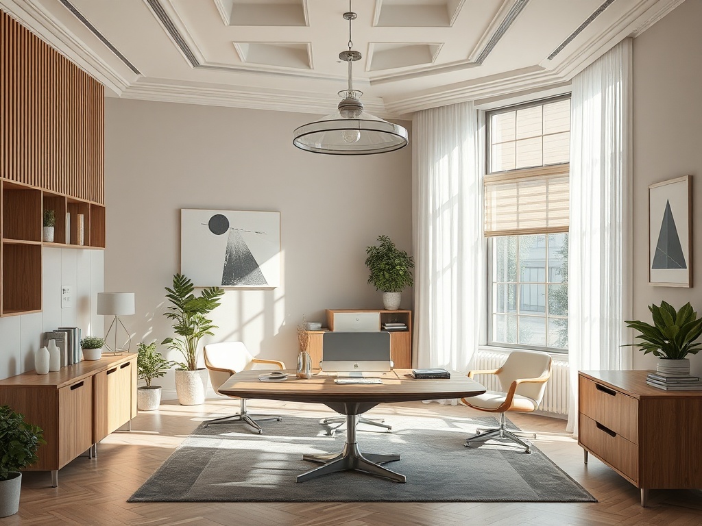 Современный офис с большим окном, деревянной мебелью и зелеными растениями на столе и полках.