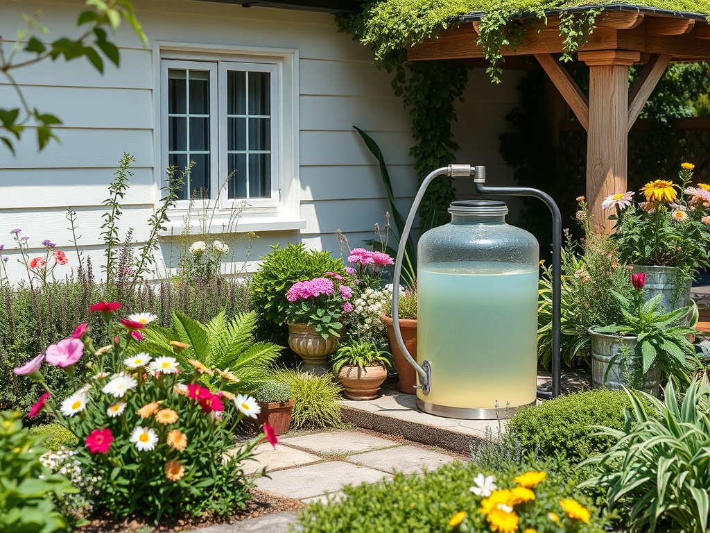 На заднем дворе цветущий сад с бутылкой воды и цветами вокруг в солнечный день.