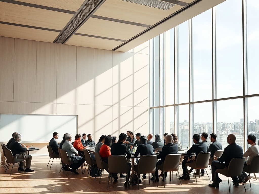 На встрече в современном офисе собрались участники для обсуждения важных вопросов. Большие окна вдают свет.