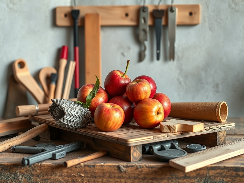 На столе лежат красные яблоки среди инструментов и деревянных заготовок.