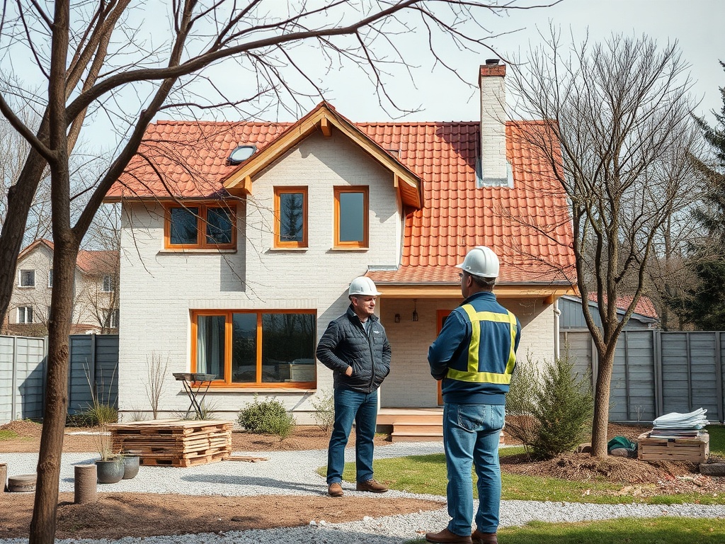 Два строителя обсуждают проект перед загородным домом с красной крышей в солнечный день.