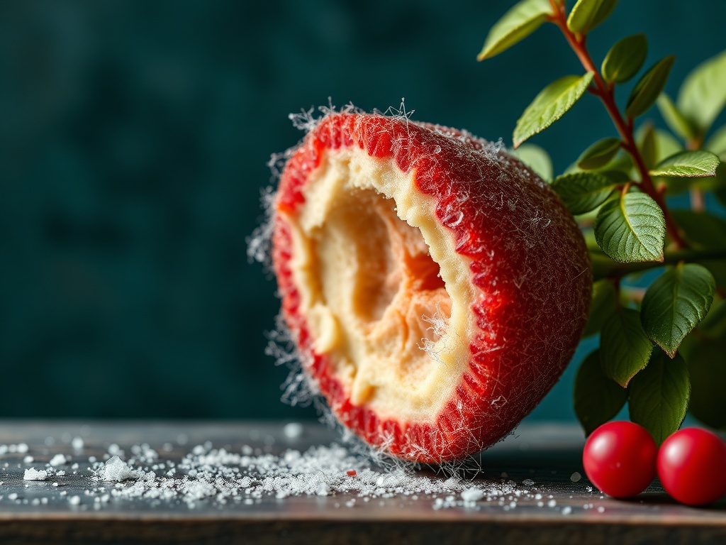 На фоне древесной доски разрезанное спелое яблоко с белым налетом и рядом красных ягод.