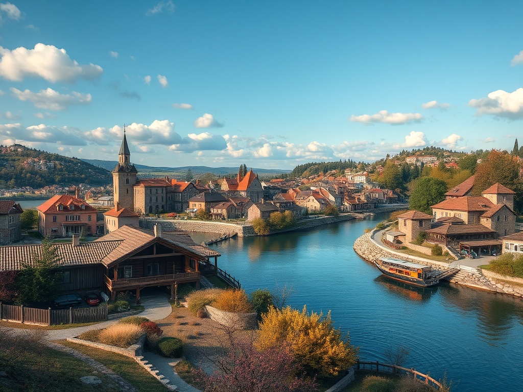 Живописный город у реки с исторической архитектурой и зелеными холмами на фоне голубого неба.