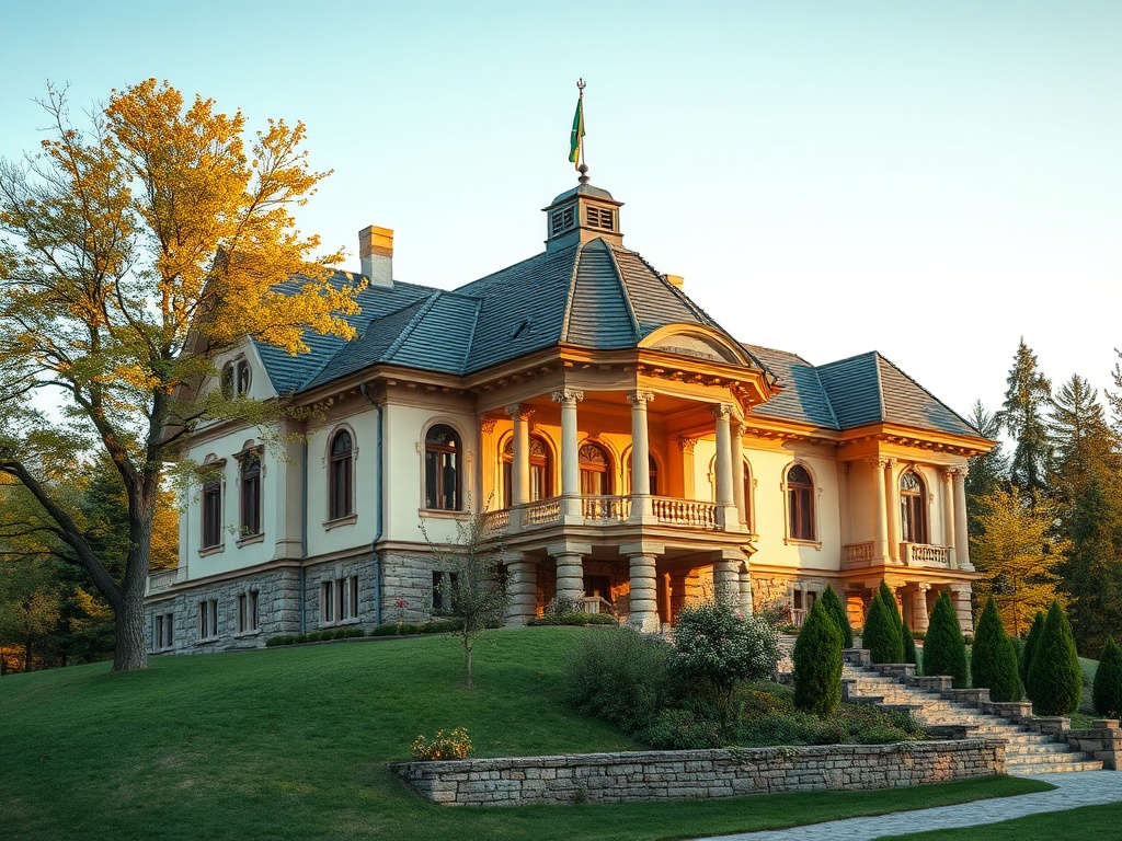 Роскошный особняк с колоннами, окруженный зеленью и деревьями, на фоне ясного неба.