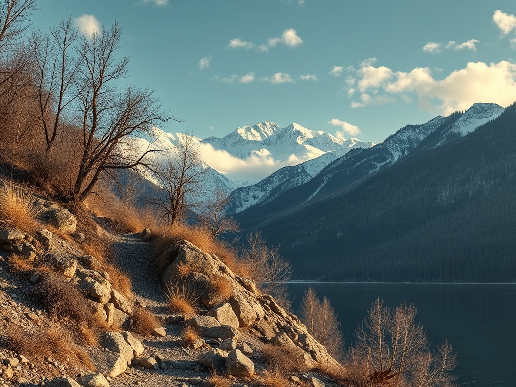 Удивительный горный ландшафт с озером, скалами и засохшими деревьями на фоне снежных вершин.