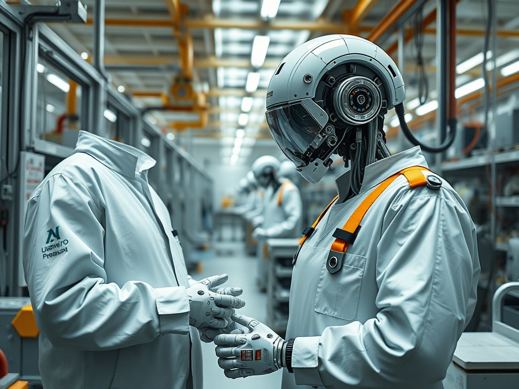 Два человека в защитной одежде и шлемах общаются на фоне высокотехнологичного рабочего пространства.