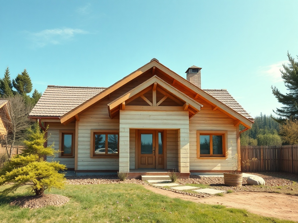 Деревянный дом с двускатной крышей, окнами и маленьким садом на фоне зелёного леса. Солнечный день.
