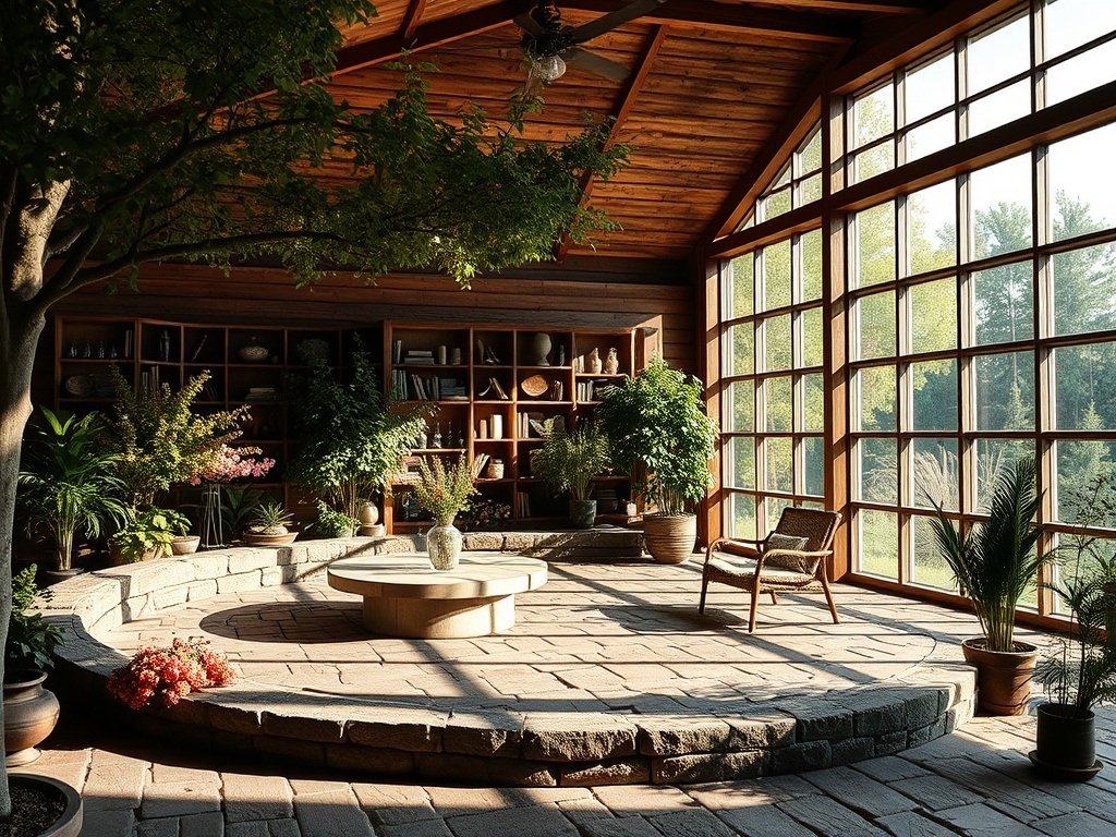 Светлое помещение с большими окнами, растениями и каменной площадкой, уютная атмосфера для отдыха.