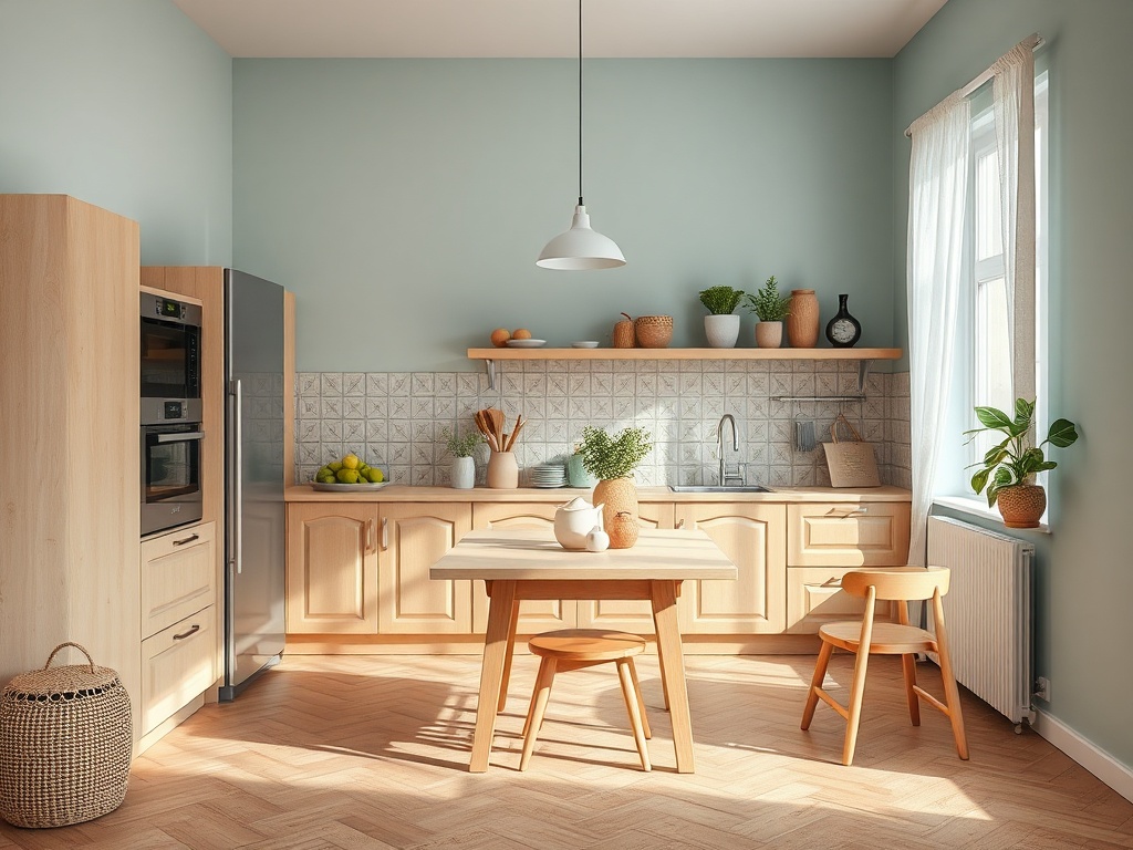 Светлая кухня с деревянной мебелью, столом и стульями, зелеными растениями и окнами с занавесками.