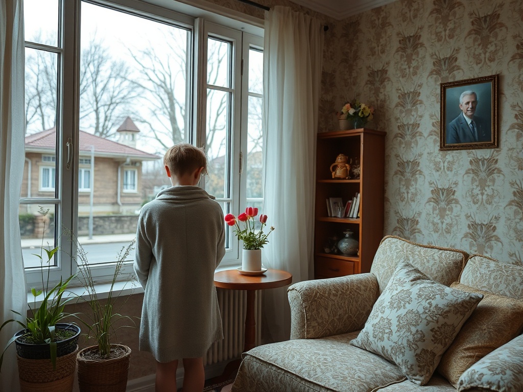 Мальчик в уютной комнате смотрит в окно, рядом цветы и семейный портрет на стене.