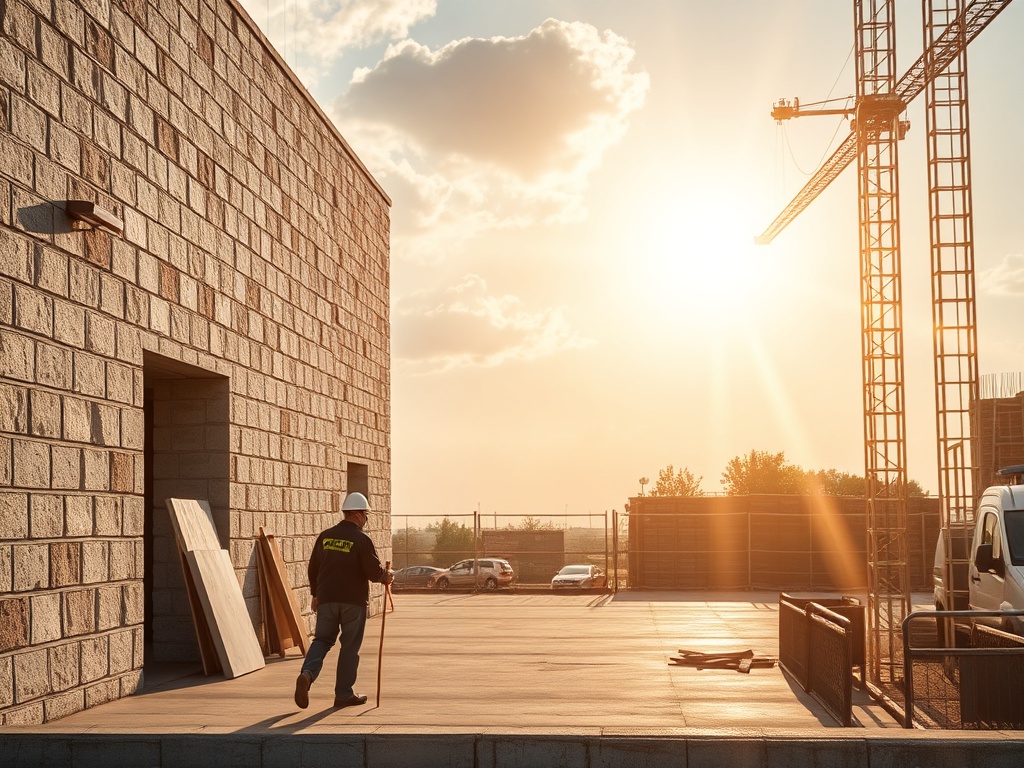 Рабочий с палкой идет по строительному площадку на фоне заката и крана. Стены из камня.
