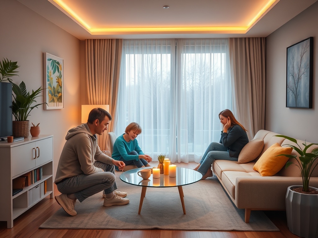 В светлой комнате трое людей, сидящих вокруг стола с свечами, общаются и выглядят задумчиво.