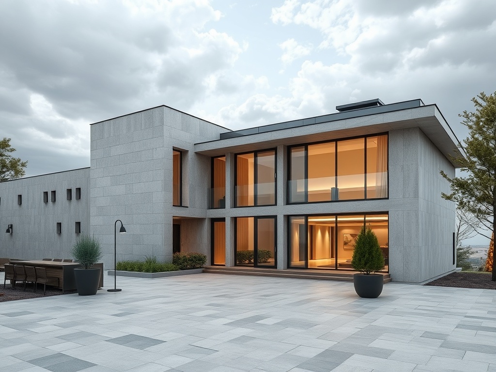 Современный дом с большими окнами и открытой террасой, окруженный зеленым ландшафтом и серыми облаками.