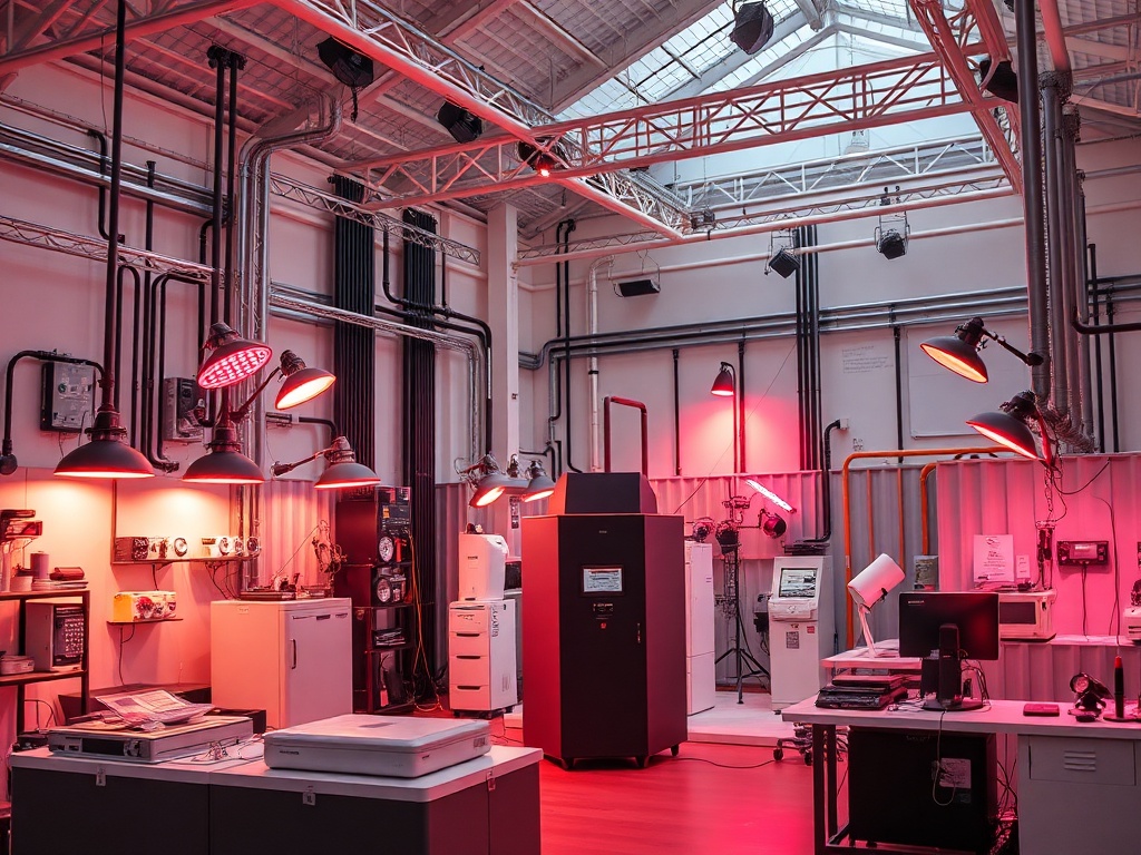 Современная лаборатория с красным освещением, оборудованием и рабочими поверхностями.