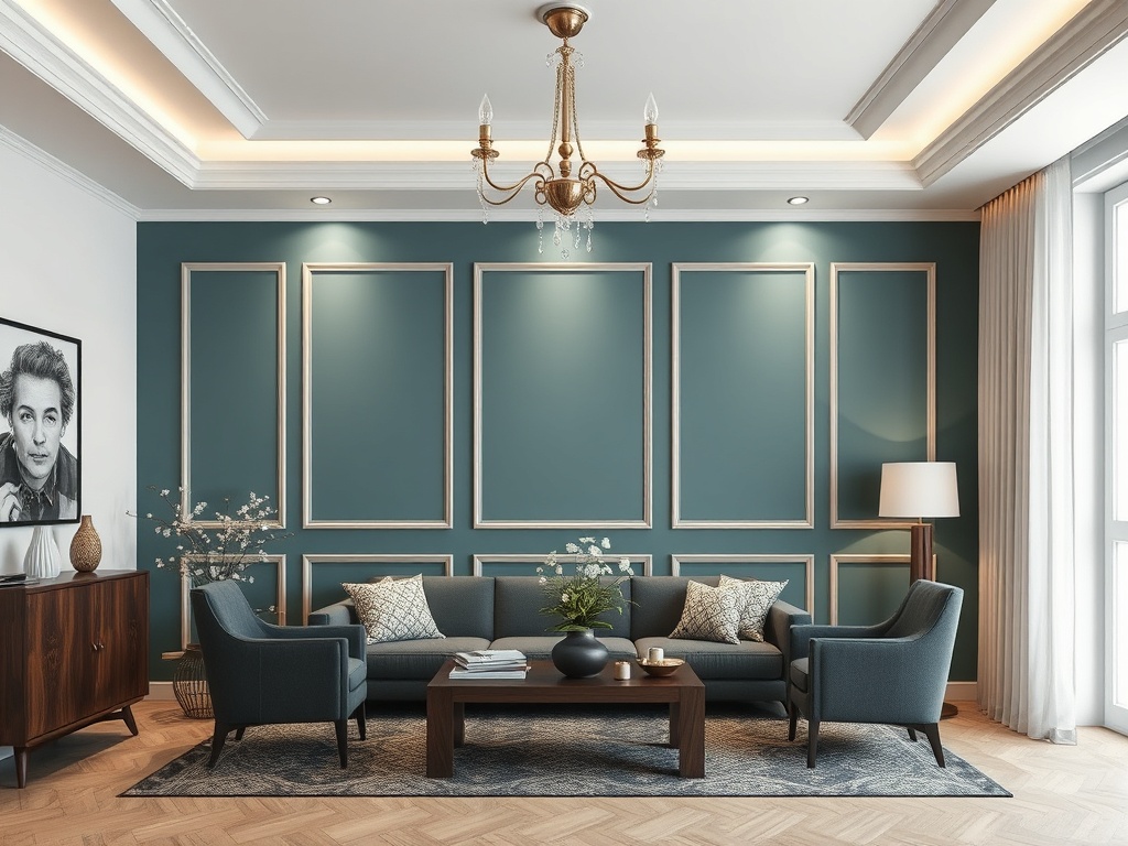 Современная гостиная с синими стенами, уютной мебелью и стильной люстрой. В центре - деревянный стол.