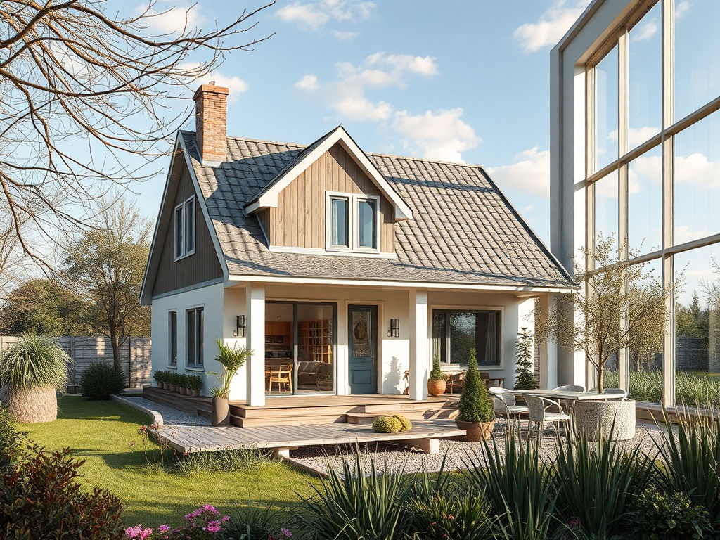 Современный дом с двускатной крышей и стеклянной стеной на фоне зелёного сада и цветов.