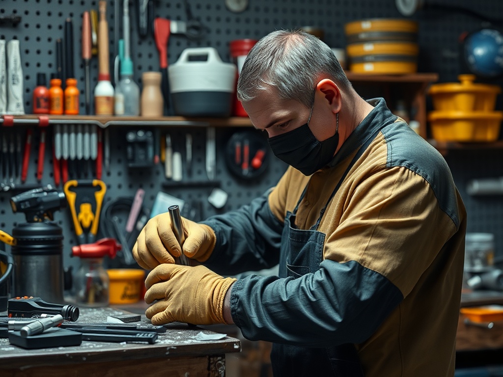 Мужчина в маске работает с инструментом в мастерской, окружённый различными инструментами и оборудованием.