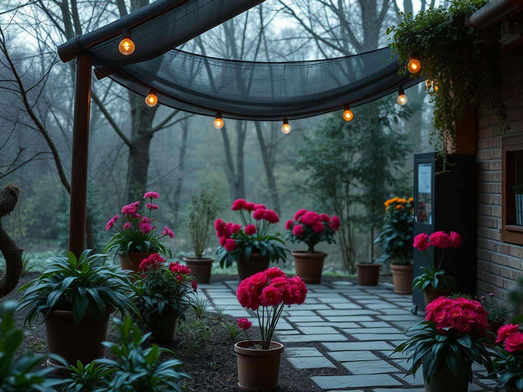 Садовая дорожка с яркими цветами и уютным освещением в условиях туманного утреннего пейзажа.