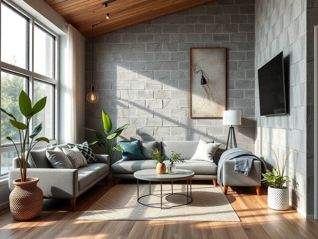 Современный уютный жилой интерьер с серой мебелью, зелеными растениями и натуральным освещением.