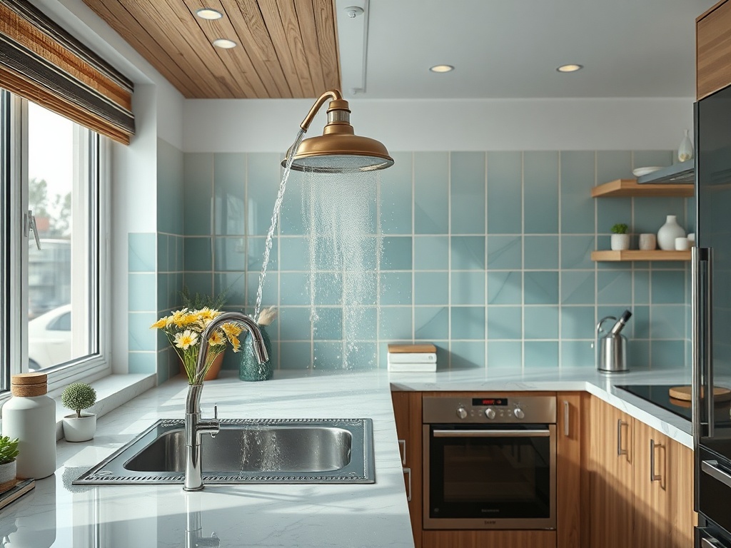 Современная кухня с мраморной столешницей и стеклянной плиткой, цветы в вазе и поток воды из крана.