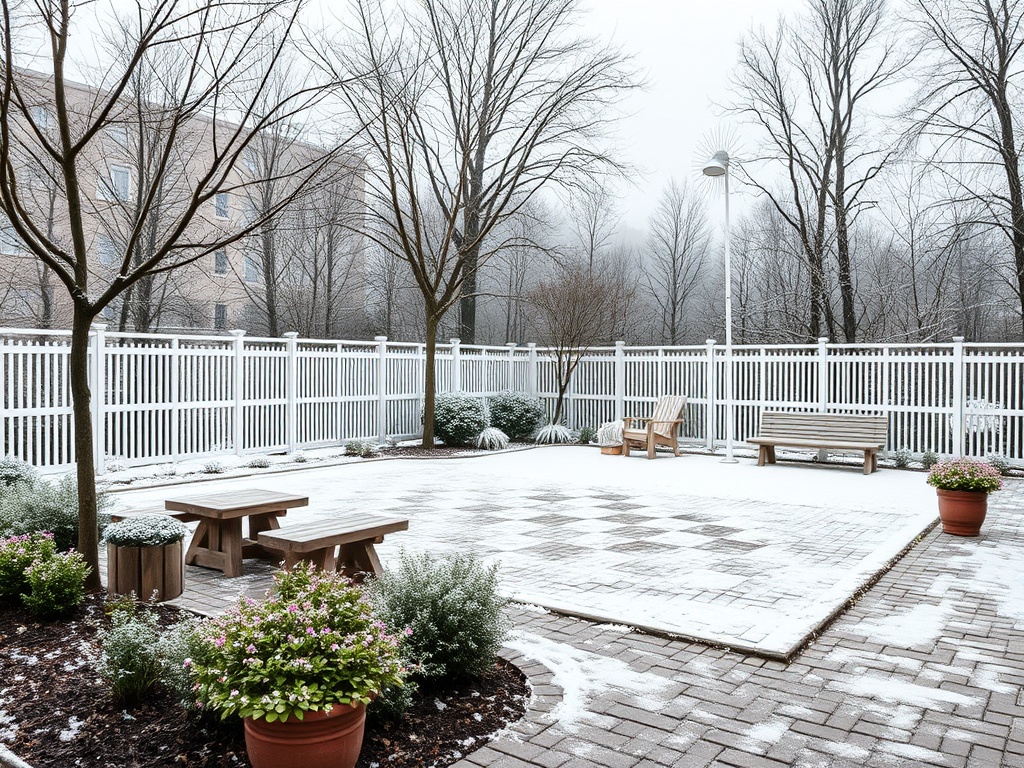Снежный двор с скамейками, столами и кустами, окруженный белым забором и деревьями без листвы.