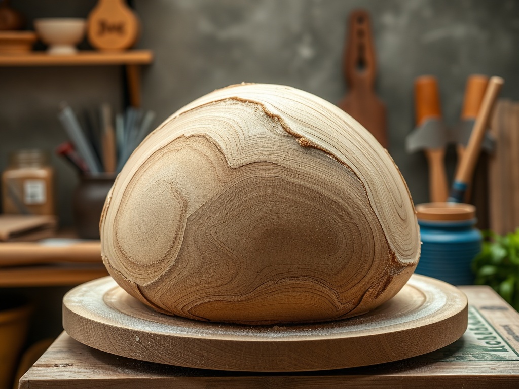 Деревянный кусок на токарном станке, готовый к обработке. В мастерской видны инструменты и материалы.