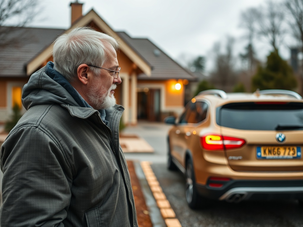 Пожилой мужчина в куртке стоит на улице рядом с автомобилем BMW около своего дома в облачный день.