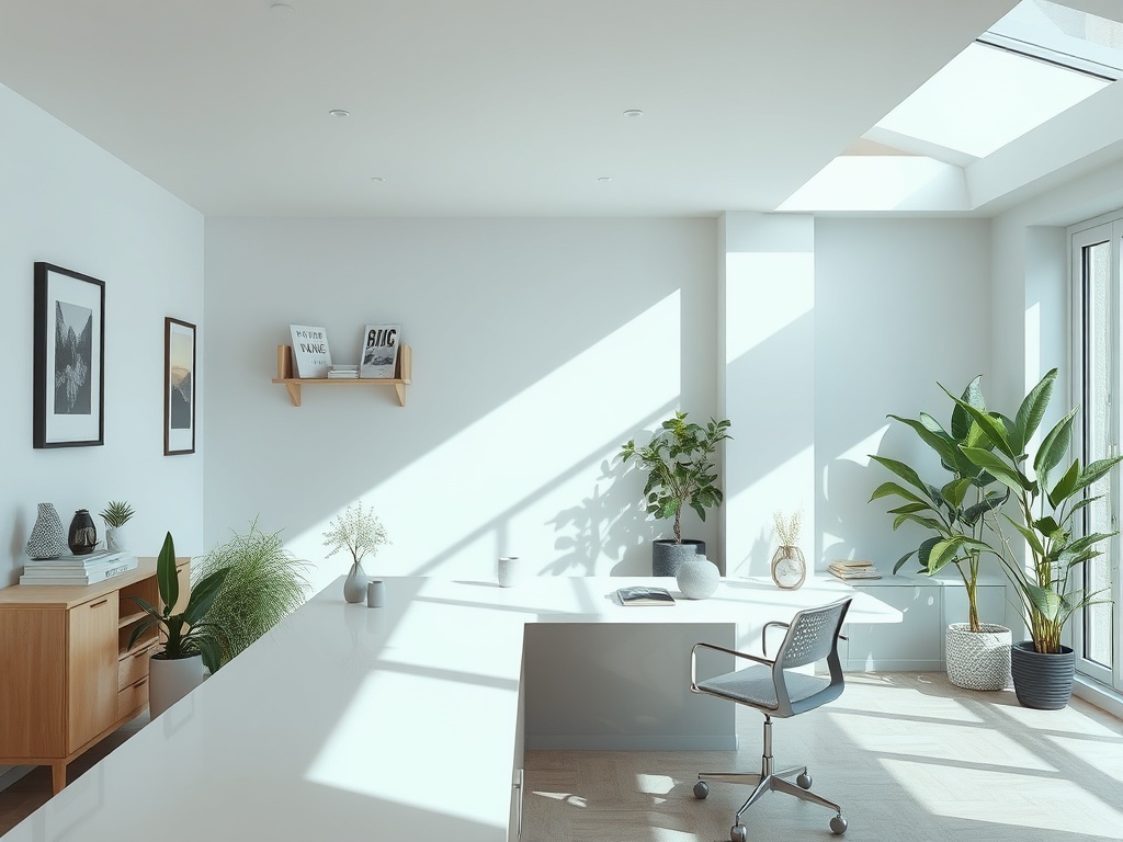 Светлый офис с зелеными растениями, столом и стильным стулом, оформленный в современном стиле.