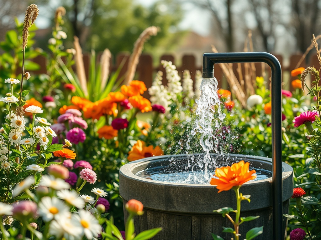 Фонтан в саду окружен яркими цветами, льющаяся вода создает атмосферу спокойствия и уюта.