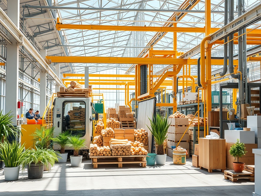 Светлое производственное помещение с деревянными брусами и растениями, оборудованное для работы.