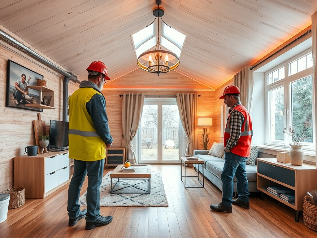 Два человека в строительной одежде осматривают аккуратное жилое пространство с большими окнами.