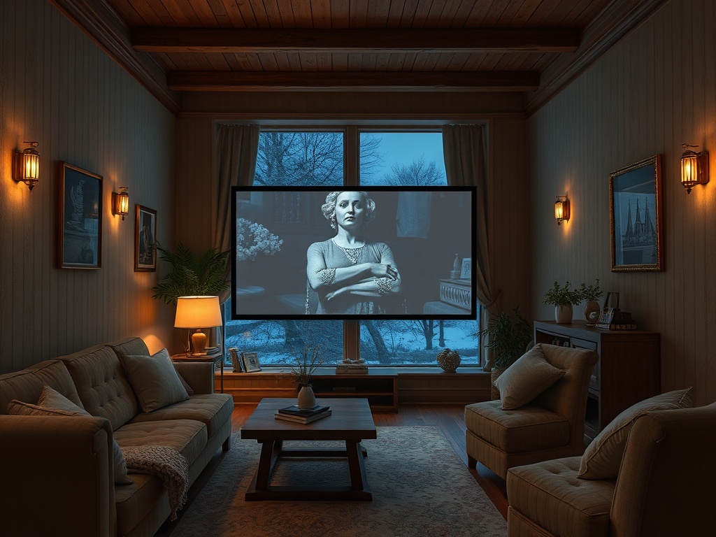 В уютной комнате на стене проектор показывает черно-белое изображение женщины с серьезным выражением лица.