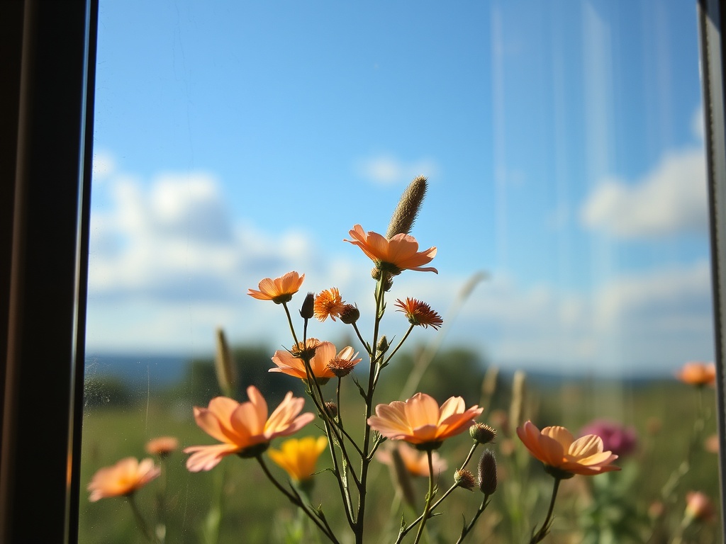 Цветы на подоконнике, солнечное небо и облака на фоне зелёного поля.