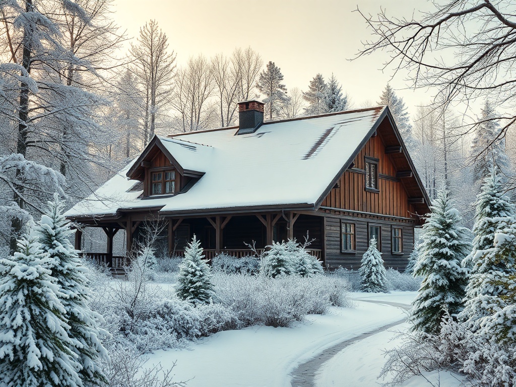 Зимний пейзаж с домом в лесу, окружённым снежными деревьями и кустарниками. Спокойная и уютная атмосфера.