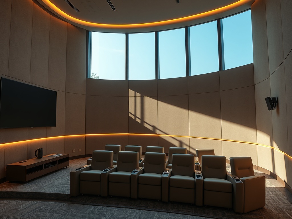 Современный кинотеатр с удобными креслами и большими окнами, пропускающими естественный свет.