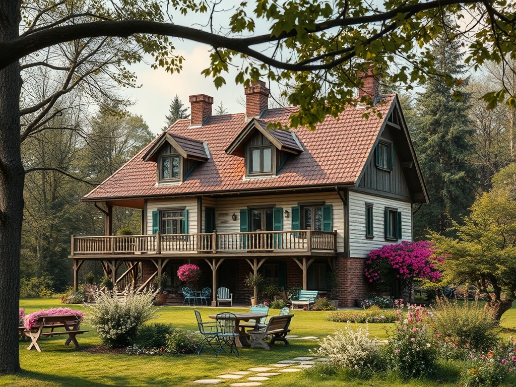 Уютный загородный дом с цветущим садом и верандой, окружённый деревьями и зеленью.